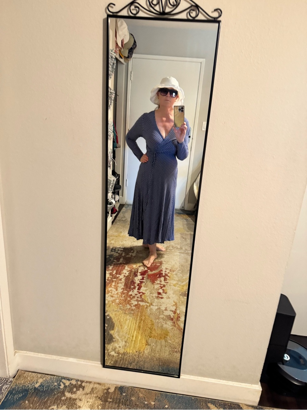 Women's Blue Geometric Open-Front Long Robe - Picture 4 of 13